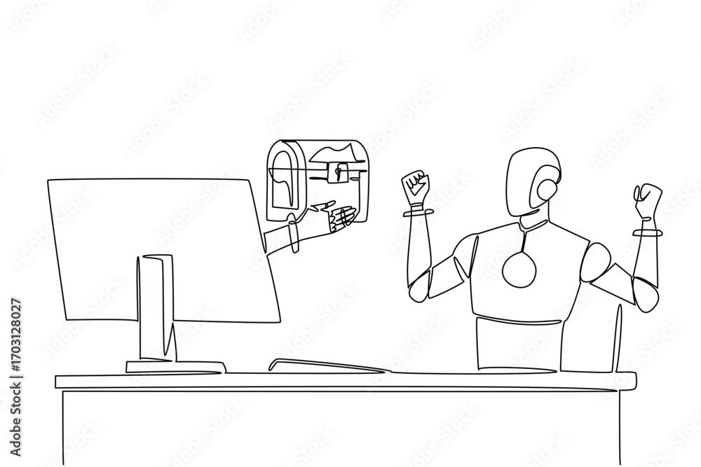Aufkleber single one line drawing hand of robot out from monitor screen holding a treasure chest. antique obje