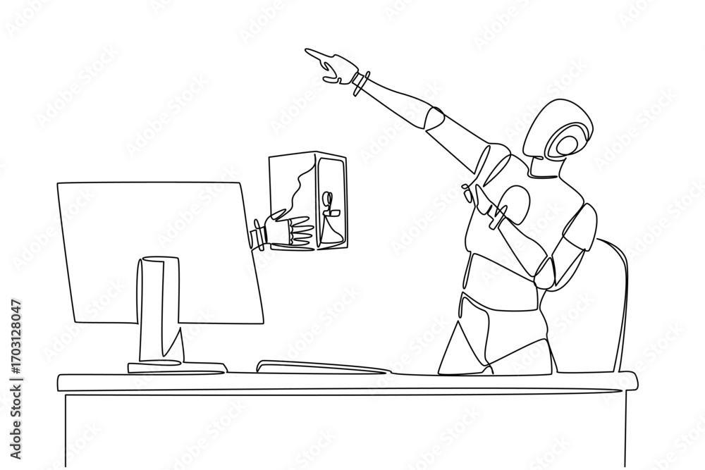 Aufkleber single continuous line drawing hand of robot out from monitor screen holding a safe deposit box. the
