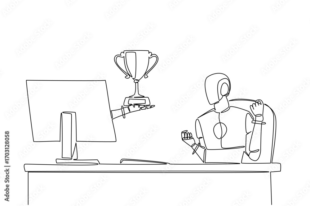 Aufkleber continuous one line drawing hand of robot out from monitor screen while holding trophy. highly prest