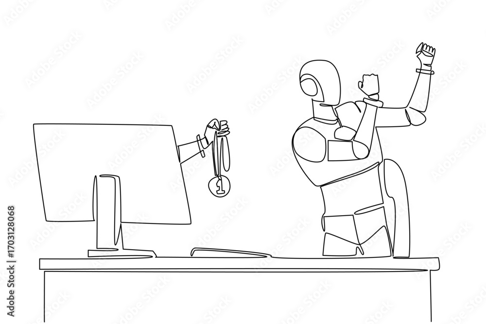 Poster single continuous line drawing hand of robot out of monitor screen while holding a medal. awards fro