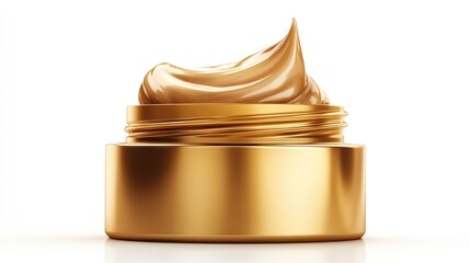 Open golden cosmetic jar filled with rich moisturizing cream, luxury beauty skincare product, isolated on clean white background.