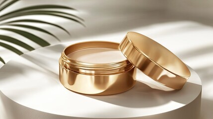 Open golden cosmetic jar showcasing creamy skincare formula, minimalist luxury beauty packaging concept.