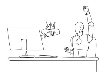 Continuous one line drawing hand of robot out of monitor screen while holding a crown. The highest throne of artificial intelligence. Things from Screen. Single line draw design vector illustration