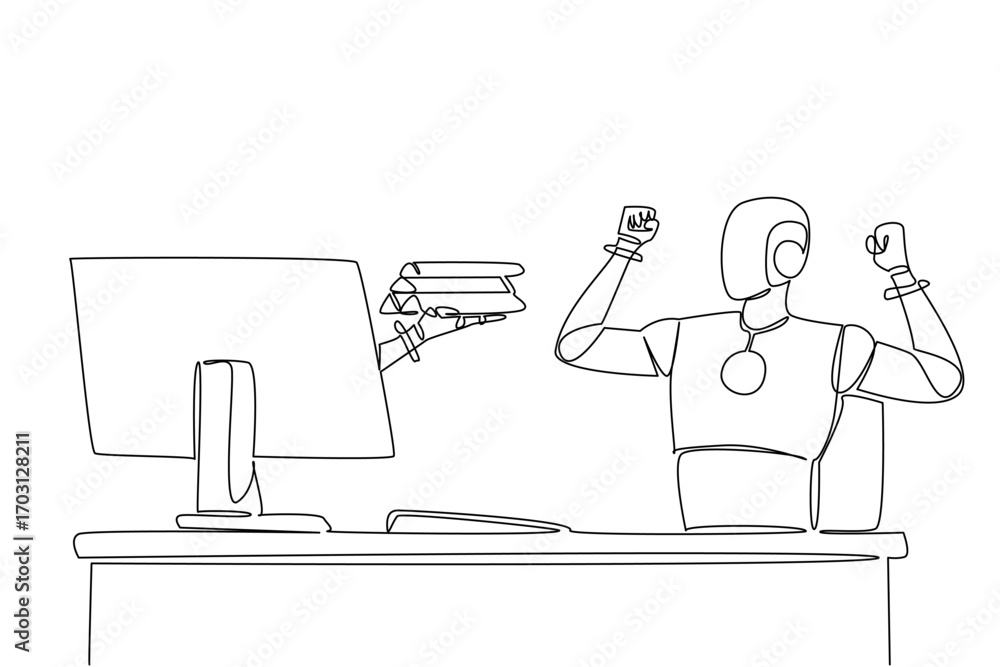 Aufkleber single one line drawing hand of robot out of monitor screen while holding gold stack. multiple benef