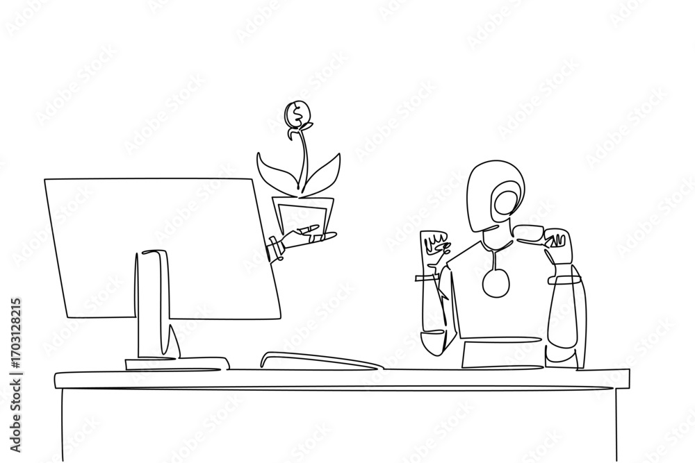 Poster continuous one line drawing hand of robot out of monitor screen while hold money tree with dollar co