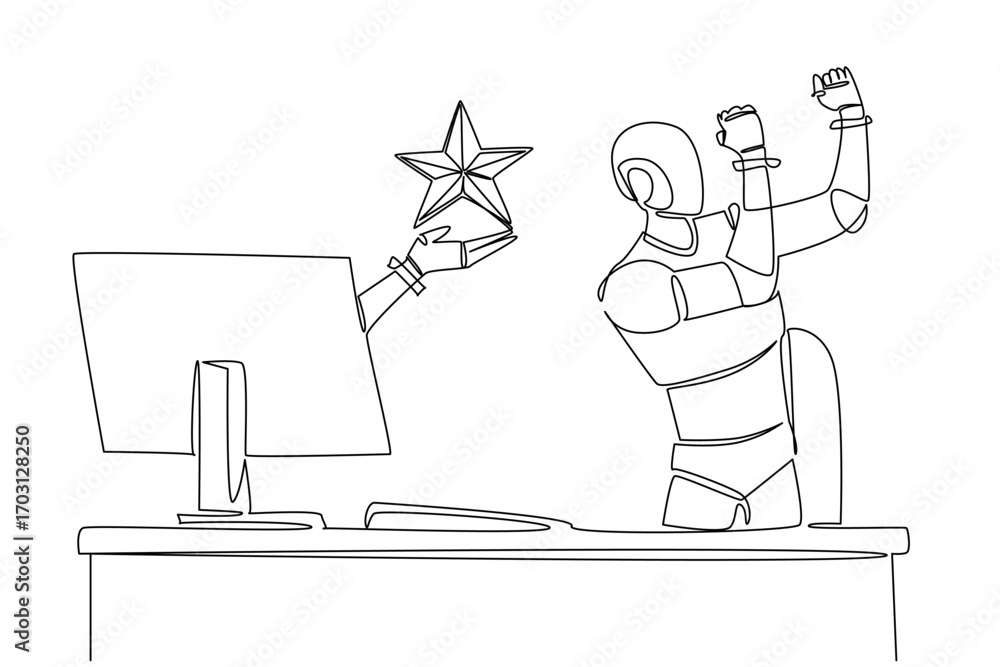 Aufkleber single one line drawing hand of robot out of monitor screen while holding a star shape. programmed t