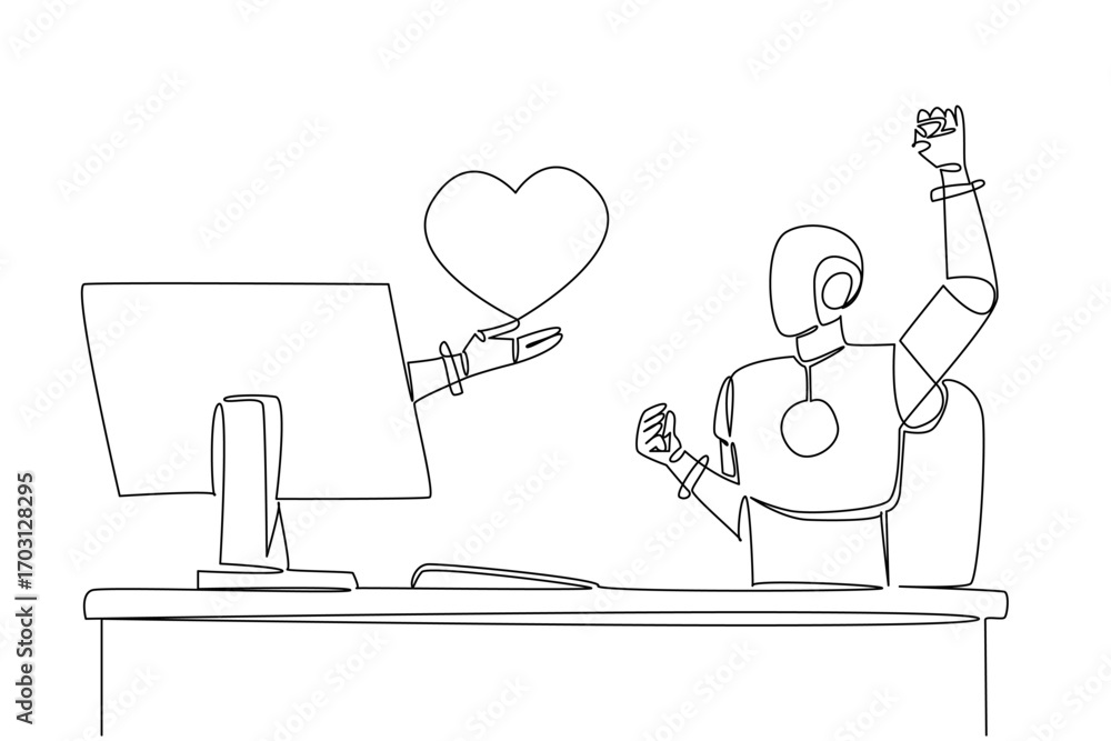 Poster single continuous line drawing hand of robot out of monitor screen while holds love. artificial inte