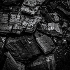 Close Up of Stacked Charcoal Lumps in Monochrome with Rough Texture
