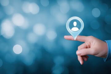 Hand pointing virtual location pin with person icon on blurred background, concept of human resources, recruitment or online dating