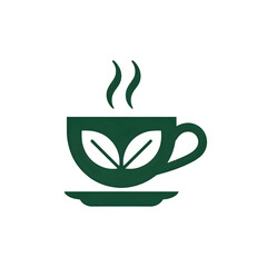 A steaming cup of tea with two leaves rests on a saucer