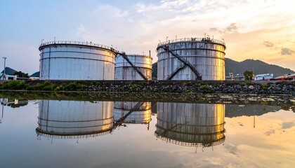 Obraz premium Oil tanks reflecting on water at sunset