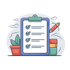 Checklist clipboard with pen plant and books productivity concept illustration