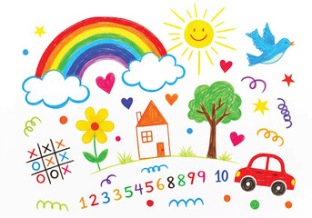 Adobe illustrator artwork vector illustration. A vibrant collection of childish doodles: a rainbow, flowers, sun, moon, kids, animals, and household objects