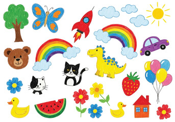 Adobe illustrator artwork vector illustration. A vibrant collection of childish doodles: a rainbow, flowers, sun, moon, kids, animals, and household objects
