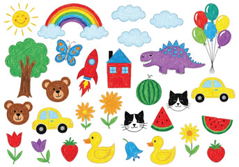 Obraz premium Adobe illustrator artwork vector illustration. A vibrant collection of childish doodles: a rainbow, flowers, sun, moon, kids, animals, and household objects