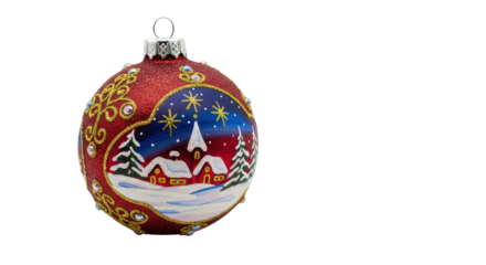 Decorative red Christmas ornament with a hand-painted winter village scene isolated PNG with Transparent Background