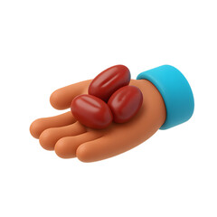 Cartoon-style 3D hand holding three red dates with soft glowing background