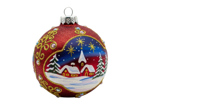 Decorative red Christmas ornament with a hand-painted winter village scene isolated PNG with Transparent Background
