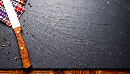 Dark Gray Soapstone Kitchen Surface with Knife and Spices