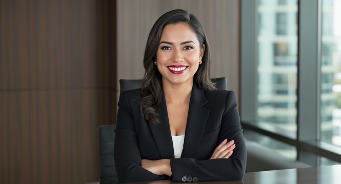 Smiling businesswoman in office, portrait, confident professional, corporate headshot, executive, female leader, business attire, arms crossed, modern workplace, successful career, ambition, achi