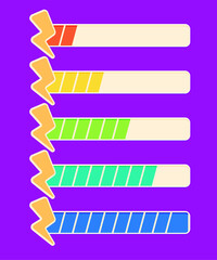 Game progress bars with lightning vector icons and vibrant colors on a purple background, game ui elements
