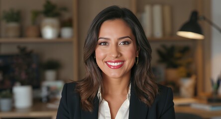 Smiling businesswoman portrait, professional headshot, corporate woman, female executive, happy employee, office background, business attire, confident woman, successful career, leadership, manag