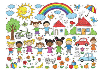 Adobe illustrator artwork vector illustration. A vibrant collection of childish doodles: a family, a house, a rainbow, trees, and flowers