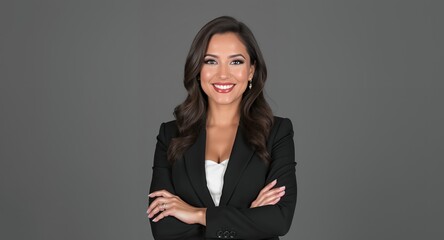 Smiling businesswoman portrait, professional woman in suit, corporate headshot, confident female executive, business attire, gray background, arms crossed, happy expression, successful career, el
