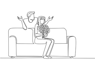 Continuous one line drawing a man standing behind a woman sitting on a sofa holding bouquet of flowers. Happiness together. Beautiful togethernes. Surprise. Single line draw design vector illustration