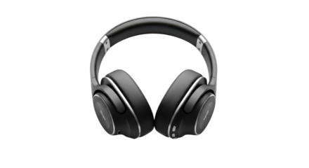 Modern black wireless over-ear headphones for audio and music isolated PNG with Transparent Background