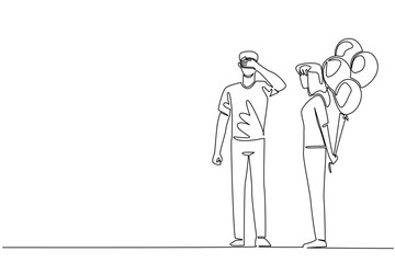 Single continuous line drawing a woman standing while carrying a number of balloons behind her body. A very unique surprise from a sweetheart. Harmonious. Surprise. One line design vector illustration