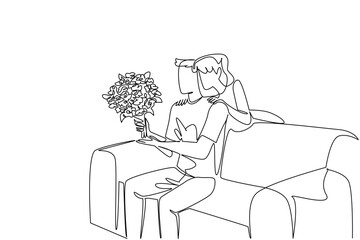 Continuous one line drawing a man sitting on a sofa holding bouquet of flowers. Flirtation on wedding anniversary. Young couple. Loving. Blossom. Surprise. Single line draw design vector illustration
