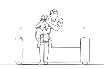 Single continuous line drawing a woman sits on a sofa holding a gift box. A husband who loves his wife very much. A gift that the lover really desires. Surprise. One line design vector illustration