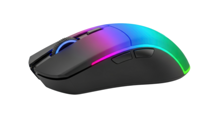 Modern wireless computer gaming mouse with multicolor RGB lighting isolated PNG with Transparent Background