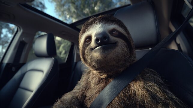 Close-up of a sloth smiling, secured with a seatbelt inside a car with open sunroof - Powered by Adobe