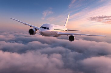 Obraz premium White passenger airplane soaring gracefully above a vibrant layer of pink clouds during a stunning sunset, creating a breathtaking scene