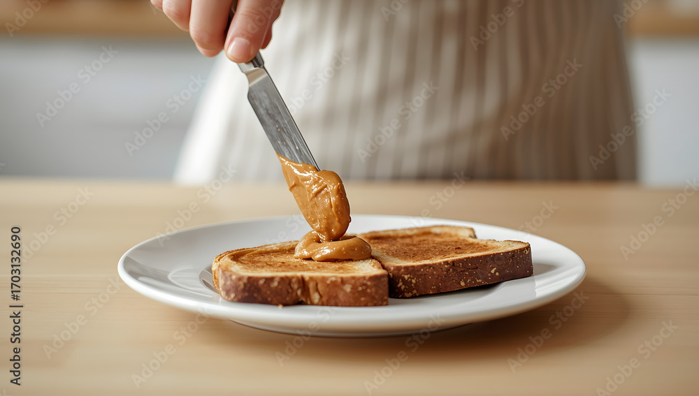 Poster in the foreground is a white plate with two slices of bread on which peanut butter is applied. a han