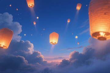 Glowing Lanterns Drifting in Twilight Above Cloud Ocean