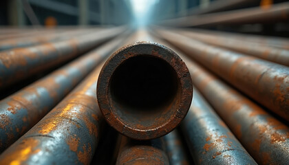 Close-up of rusted steel pipes, textured, weathered surface with hollow end. Blurred industrial background highlights manufacturing, construction, infrastructure materials. Quality metal for heavy