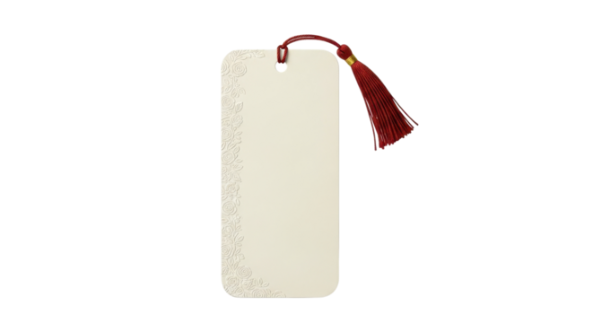 Elegant paper bookmark with a decorative red tassel isolated PNG with Transparent Background