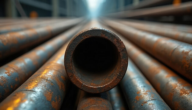 Close-up of rusted steel pipes, textured, weathered surface with hollow end. Blurred industrial background highlights manufacturing, construction, infrastructure materials. Quality metal for heavy - Powered by Adobe