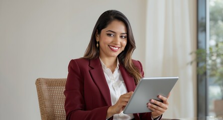 Smiling businesswoman using tablet computer, professional, corporate, office, technology, digital, modern, confident, success, stylish, elegant, work, business, female, woman, entrepreneur, happy