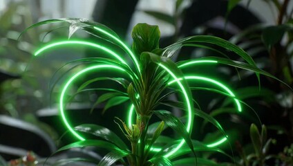 Plant surrounded by swirling glowing green neon light, symbolizing growth energy and organic technology animation. - Powered by Adobe