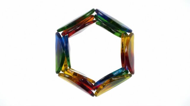 Candy glass shards rotate into hexagon and drift apart