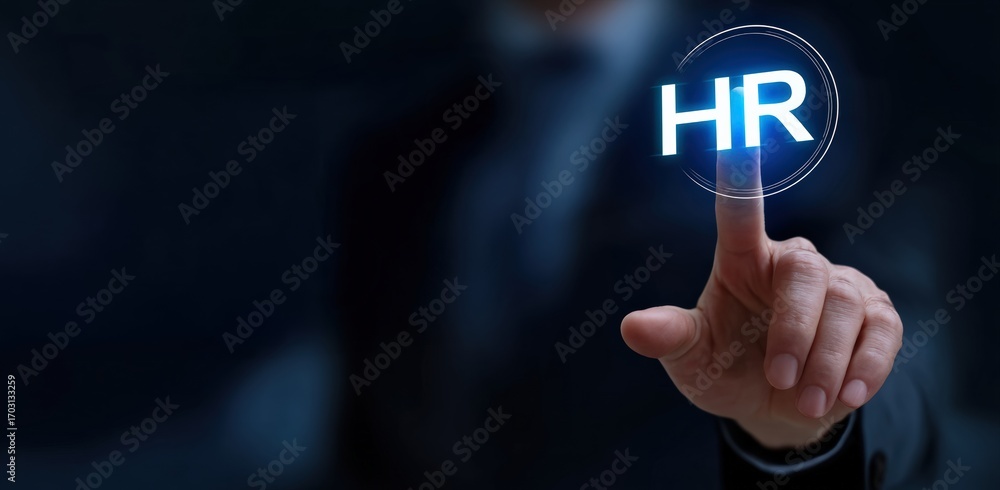 Poster businessman interacting with a virtual screen, selecting the human resources button to enhance recru