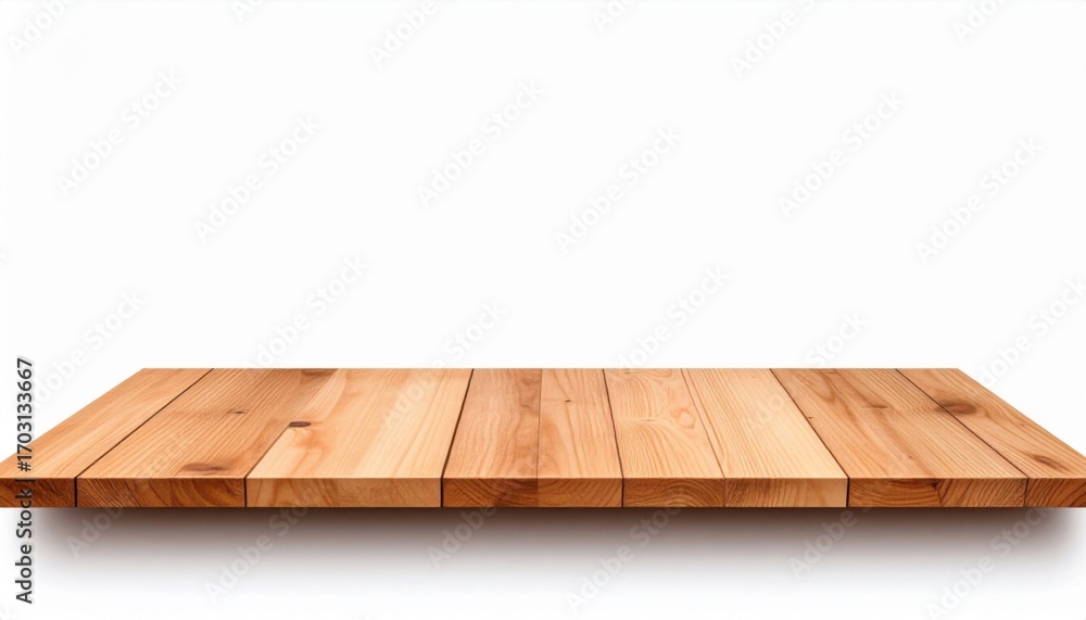 Poster Empty Wooden Table Top Shelf Isolated on White Background for Product Display