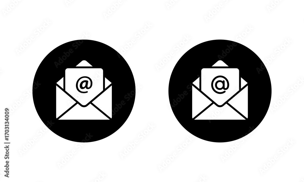 Poster open mail icon with mention icon. email inbox and correspondence symbol in black circle