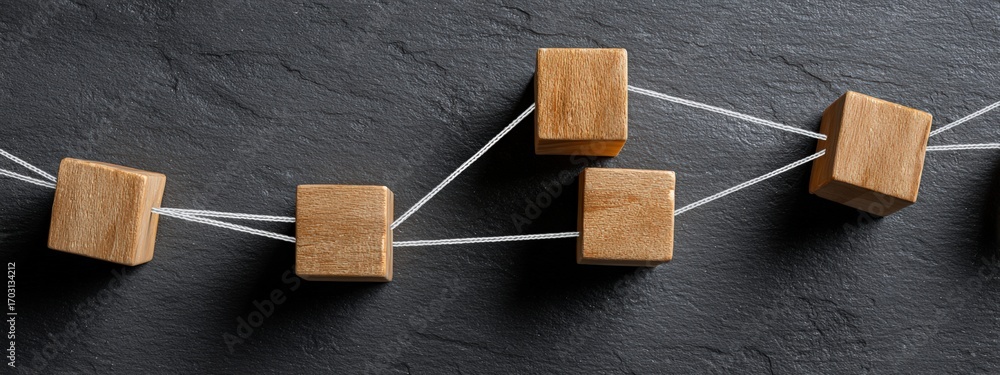 Poster interconnected wooden blocks symbolize network, teamwork, and cooperation, creating visual represent