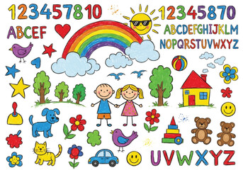 Obraz premium Adobe illustrator artwork vector illustration. A vibrant collection of childish doodles: a rainbow, a castle, diverse kids, animals, toys, and flowers