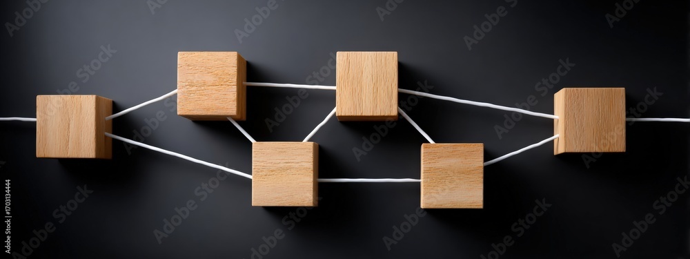 Poster interconnected wooden blocks symbolize network, teamwork, and connection in abstract business concep